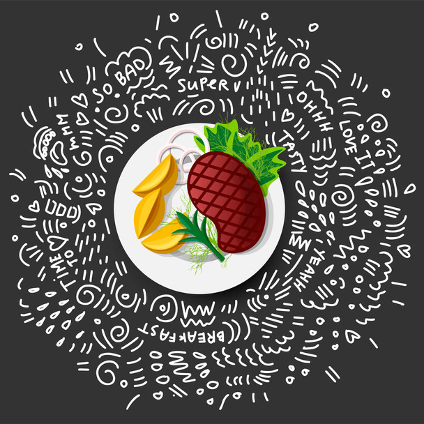 Steak Roast Beef Icon on black background. Vector Roast Beef in Cartoon Style. Juicy Steak With Vegetables on Plate. Concept of Traditional Dish of Meat of Grilled roast beef with doodle decor - Vector, Imagen