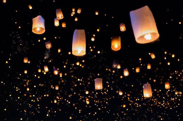 Loy krathong and Yi Peng Festival filled sky with lantern in Chiang Mai Thailand. - Photo, Image