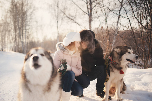 Wandelen met de hond in de winter. lief paar is wandelen in de sneeuw - Foto, afbeelding