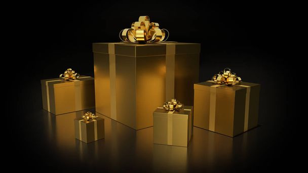 kultainen lahja laatikot kultainen nauha keula tumma tausta
 - Valokuva, kuva