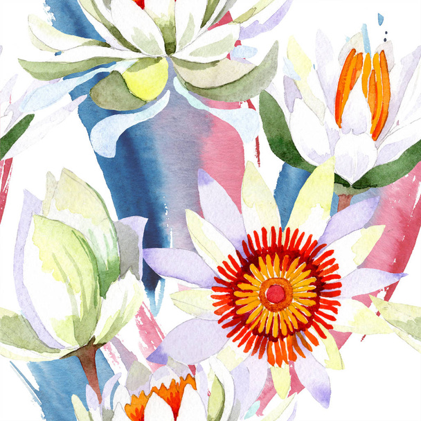 Aquarell weiße Lotusblume. Blütenbotanische Blume. nahtloses Hintergrundmuster. - Foto, Bild