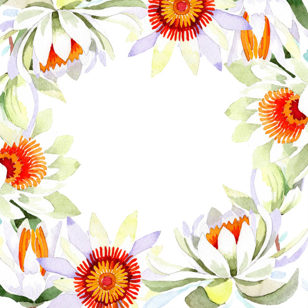 Aquarell weiße Lotusblume. Blütenbotanische Blume. Rahmen Rand Ornament Quadrat. - Foto, Bild