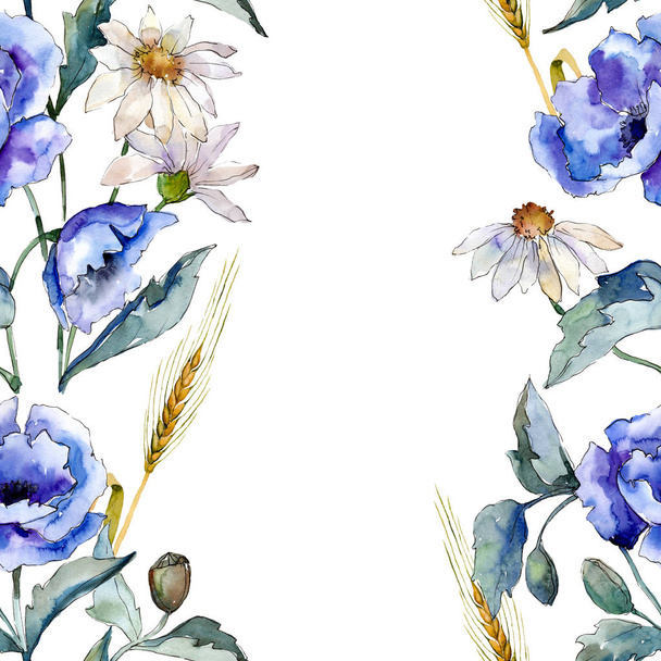 Aquarell blauer Strauß aus Mohn. Blütenbotanische Blume. Rahmen Rand Ornament Quadrat. - Foto, Bild