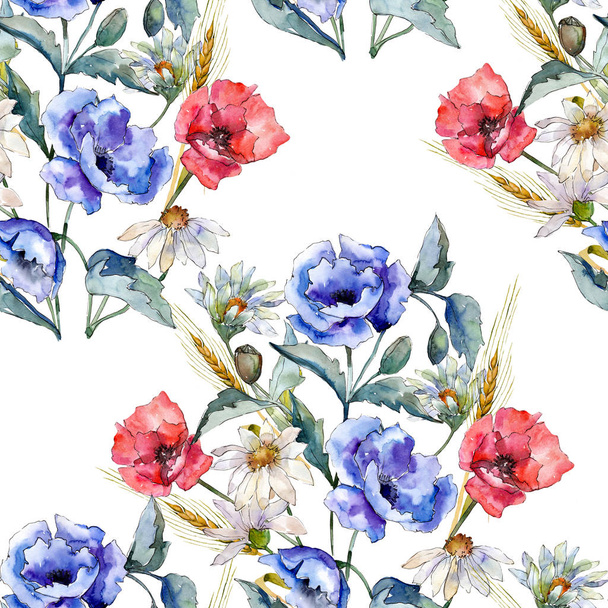 Ακουαρέλα μπουκέτο μπλε παπαρούνας. Floral βοτανικό λουλούδι. Απρόσκοπτη υπόβαθρο μοτίβο. - Φωτογραφία, εικόνα