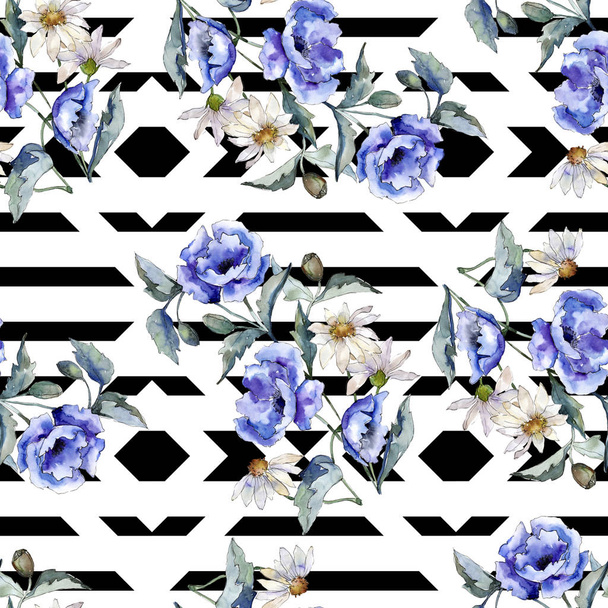 Acuarela ramo azul de flor de amapola. Flor botánica floral. Patrón de fondo sin costuras
. - Foto, imagen