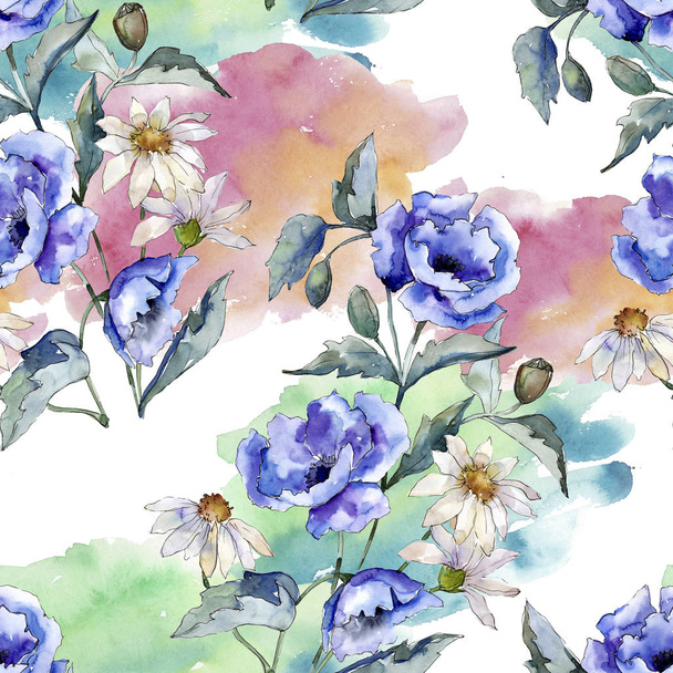 Watercolor blue bouquet of poppy flower. Floral botanical flower. Seamless background pattern. - Фото, изображение