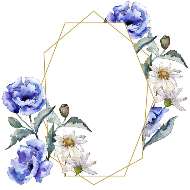 Acuarela ramo azul de flor de amapola. Flor botánica floral. Marco borde ornamento cuadrado
. - Foto, Imagen