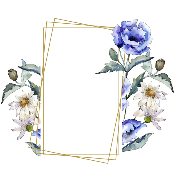 Aquarel blauw boeket van poppy bloem. Floral botanische bloem. Frame grens ornament vierkant. - Foto, afbeelding