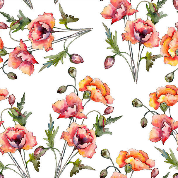 Watercolor red bouquet of poppy flower. Floral botanical flower. Seamless background pattern. - Foto, Imagen
