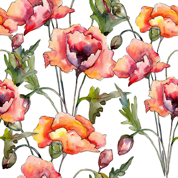 Watercolor red bouquet of poppy flower. Floral botanical flower. Seamless background pattern. - Φωτογραφία, εικόνα