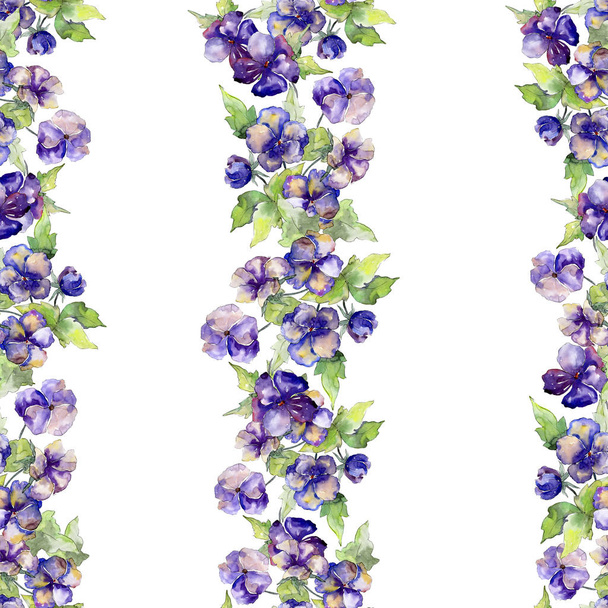 Watercolor purple bouquet of viola flower. Floral botanical flower. Seamless background pattern. - Φωτογραφία, εικόνα
