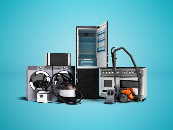 Elettrodomestici gruppo di aspirapolvere frigorifero microonde lavatrice lavatrice stufa a gas 3d rendering su sfondo blu con ombra
 - Foto, immagini