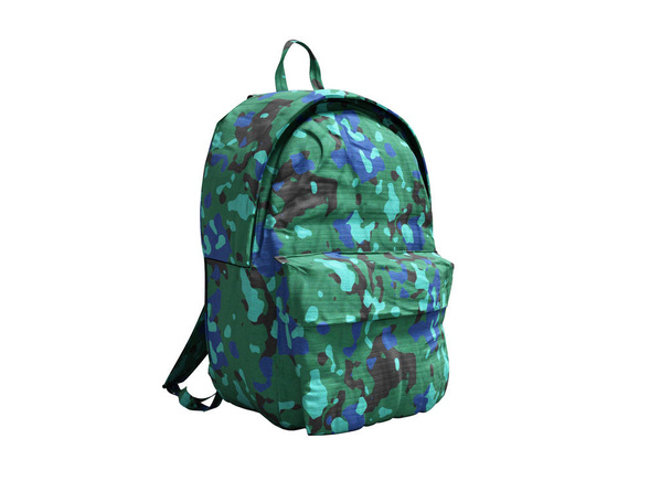 Modern katonai hátizsák, az iskolában, a fiú és a tinédzser, zöld kék 3D render fehér alapon nincs árnyék - Fotó, kép