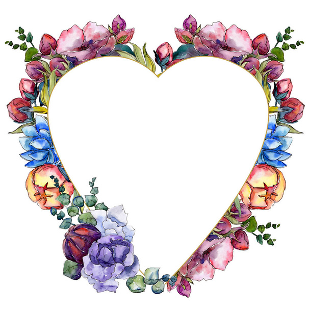 Watercolor colorful bouquet flower. Floral botanical flower. Frame border ornament square. - Zdjęcie, obraz