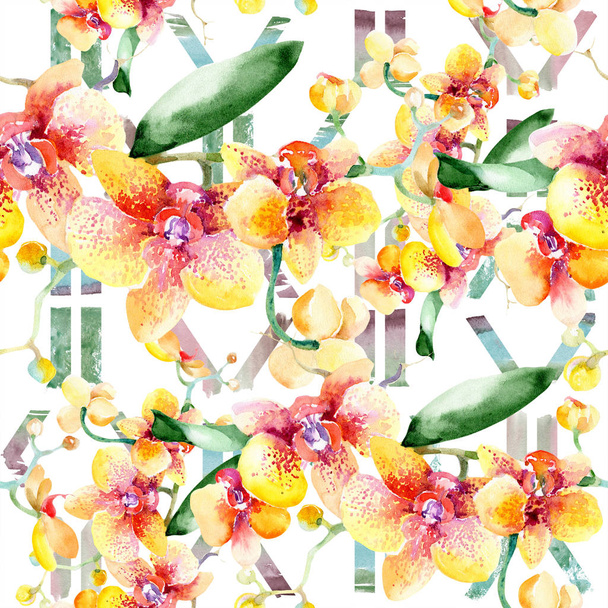 Watercolor orangr bouquet of orchid flower. Floral botanical flower. Seamless background pattern. - Photo, Image