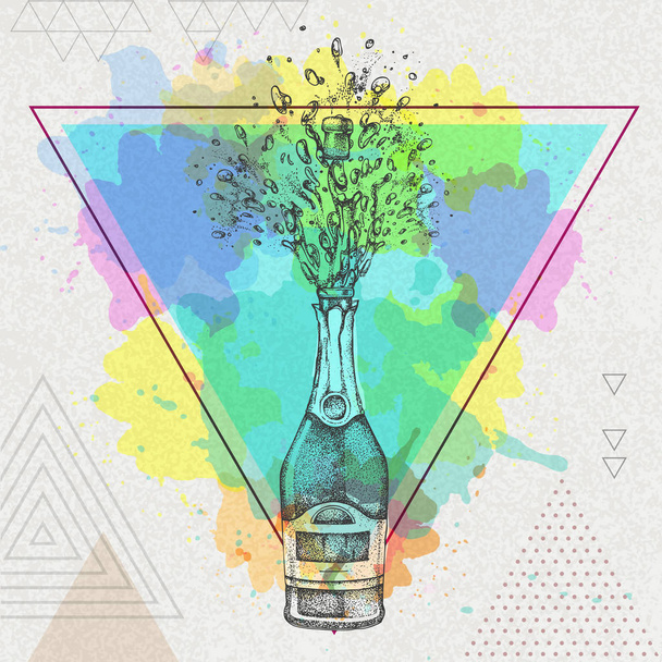Hand drawing illustration of champagne bottle with splash on artistic polygon watercolor background - Vector, Imagen