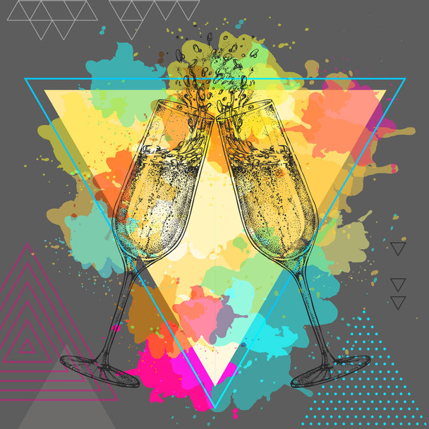 Hand drawing illustration of champagne clinking glasses on artistic polygon watercolor background - Wektor, obraz