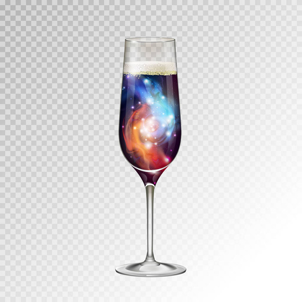 Realistic vector illustration of champagne glass  with space background inside - Vektor, obrázek