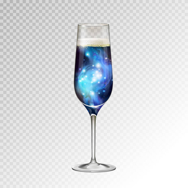 Realistic vector illustration of champagne glass  with space background inside - Vetor, Imagem