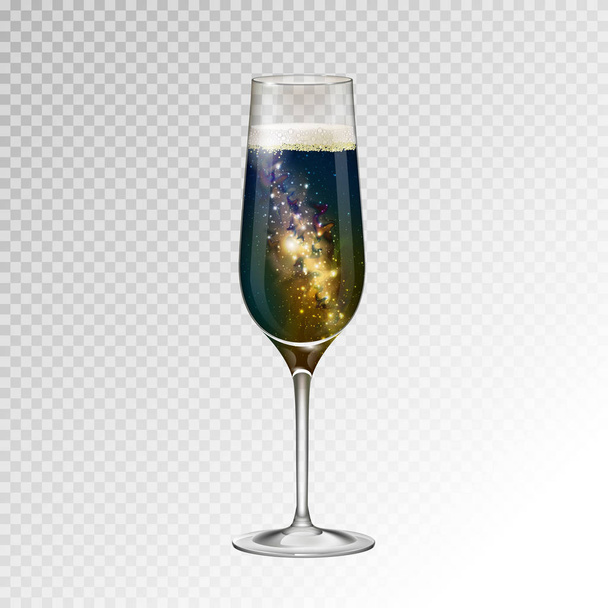 Realistic vector illustration of champagne glass  with space background inside - Вектор,изображение