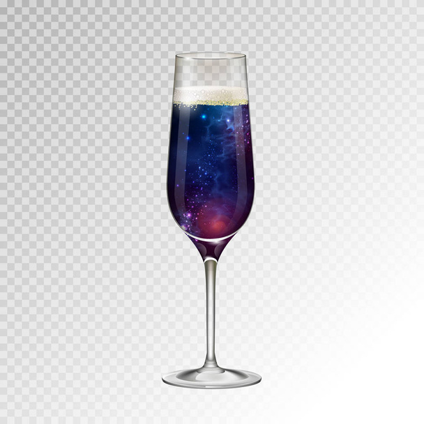 Realistic vector illustration of champagne glass  with space background inside - Vector, Image