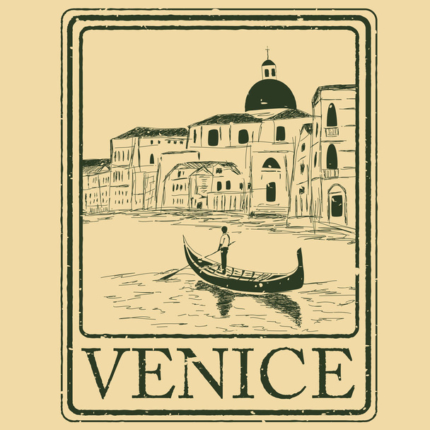 Венеция, Италия изолированная почтовая марка. Архитектура с векторной иллюстрацией гондолы. Винтажная гравировка
. - Вектор,изображение