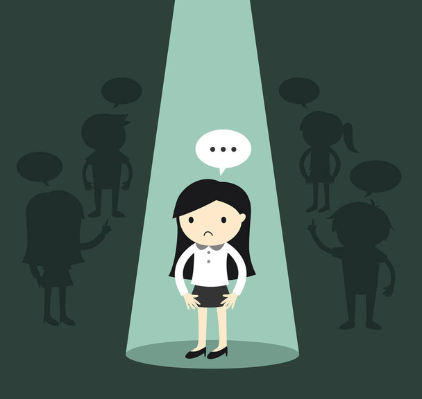 Business concept, Business woman standing alone in spotlight and feeling awkward. Vector illustration. - Vector, Image