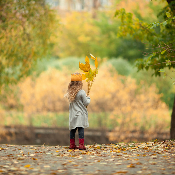 schöne Mädchen in gestrickten Krone Spaziergänge im Herbst Park, im Freien - Foto, Bild