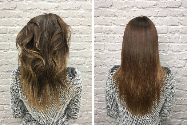 Μαλλιά πριν και μετά τη θεραπεία. - Φωτογραφία, εικόνα