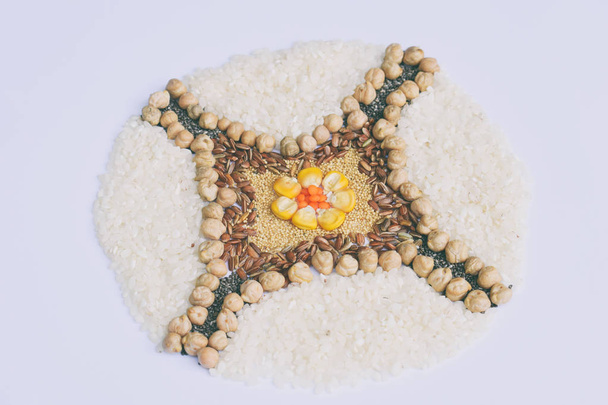 Mandala of cereals, grains and seeds. Gluten-free concept. Corn, chickpea, amaranth, lentils, rice, chia Healthy food Top view Copy space - Photo, Image
