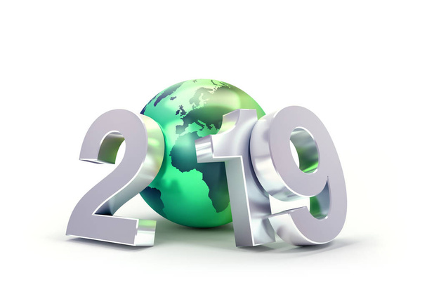 Αριθμό ημερομηνίας νέο έτος 2019, απαρτίζεται με ένα πράσινο πλανήτη γη, επικεντρώθηκε στην Ευρώπη και την Αφρική, απομονώνονται σε λευκό - 3d απεικόνιση - Φωτογραφία, εικόνα