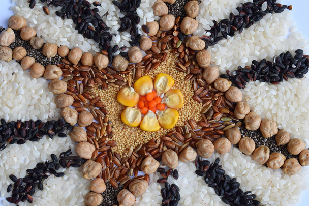 Mandala of cereals, grains and seeds. Gluten-free concept. Corn, chickpea, amaranth, lentils, rice, chia Healthy food Top view Copy space - Photo, Image