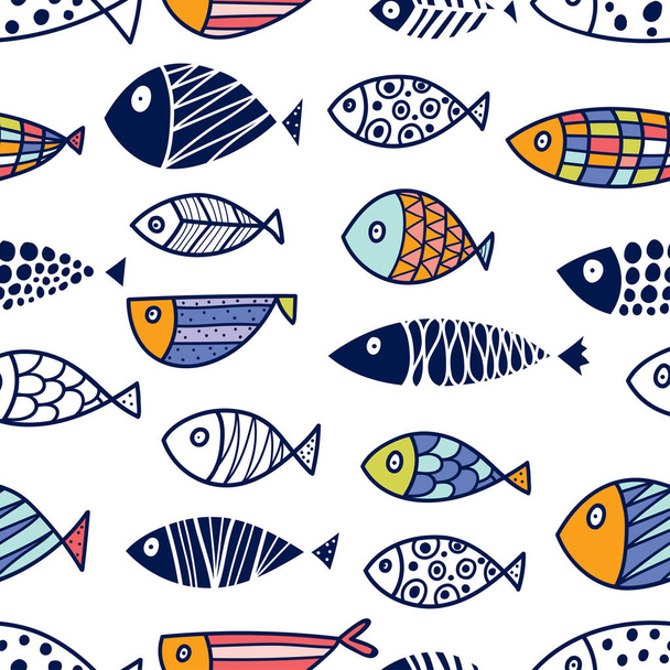 Line seamless pattern with cute fish. Sea background - Vetor, Imagem