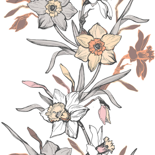 Квітковий вертикальний безшовний візерунок з намальованими руками квітами нарциси, нарциси
. - Вектор, зображення