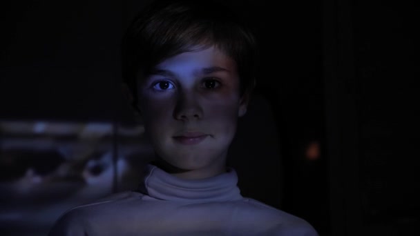 11 χρονών παιδί αγόρι βλέποντας ταινία ή βίντεο στο σπίτι το βράδυ - Πλάνα, βίντεο
