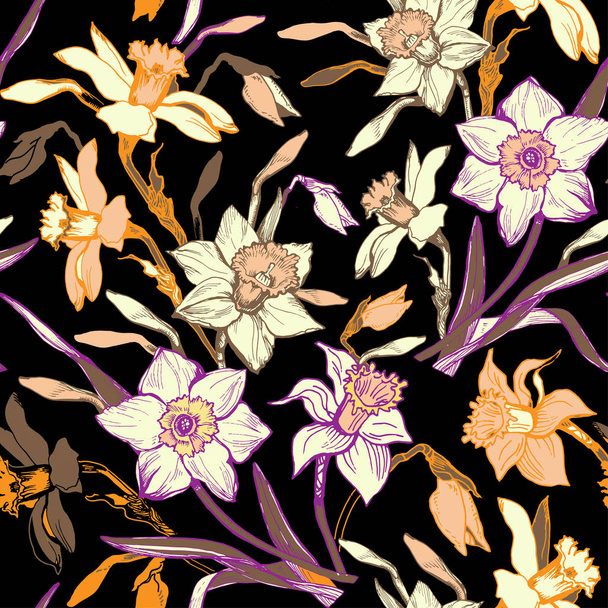 Briht colorful floral seamless pattern with hand drawn flowers daffodils, narcissus. - Вектор,изображение