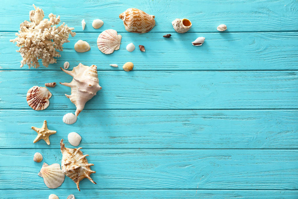 Różne muszle morskie na kolorowym drewnianym tle - Zdjęcie, obraz