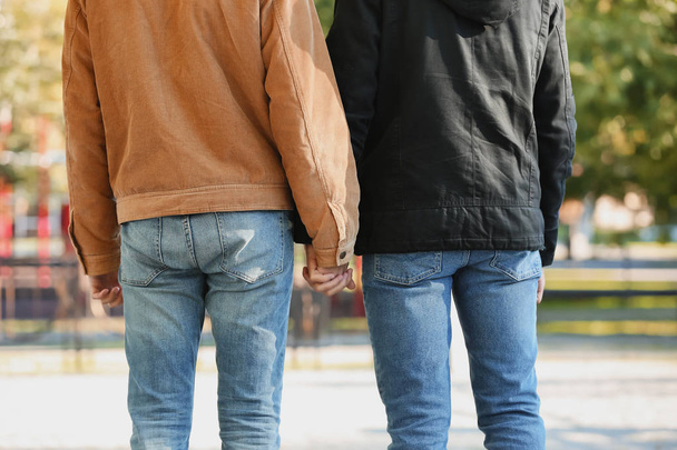 Ευτυχισμένος γκέι ζευγάρι περπάτημα στο πάρκο - Φωτογραφία, εικόνα