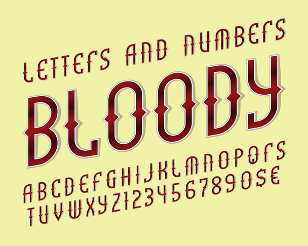 Kanlı kırmızı alfabesi ile sayı ve para birimi işaretler. Oyun stilize yazı tipi. - Vektör, Görsel
