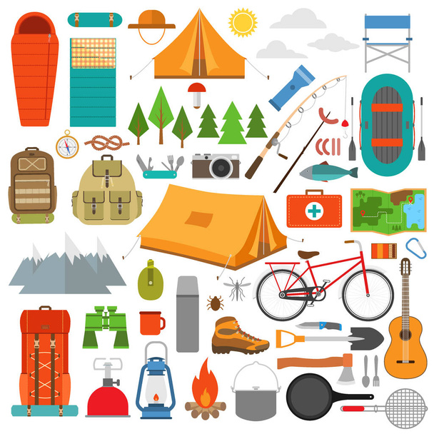 Mountain hike elements. Camping equipment vector illustration.  - Vector, Imagen