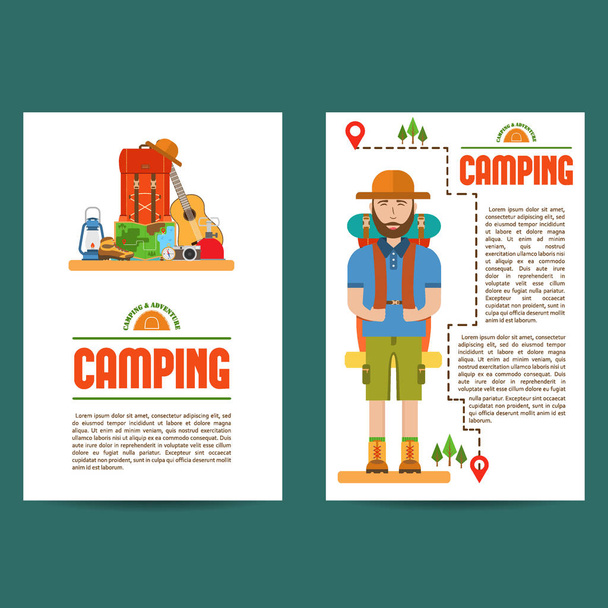 Set of camping cards. Travel hiking infographic background. Layout illustrations template of flyer, magazine, posters, book cover, banners with typography text. Vector illustration - Vettoriali, immagini