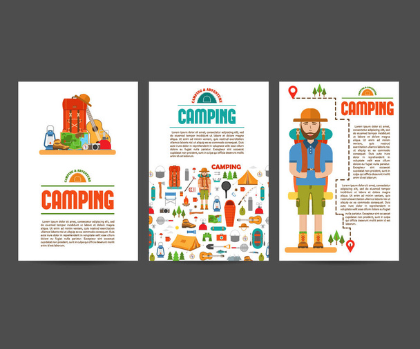 Set of camping cards. Travel hiking infographic background. Layout illustrations template of flyer, magazine, posters, book cover, banners with typography text. Vector illustration - Вектор, зображення