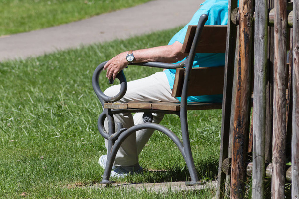 an einem sonnigen Junitag in Süddeutschland sieht man Seniorinnen und Senioren im Klosterpark auf einer Bank sitzen oder mit Nordic-Walking-Stöcken spazieren gehen - Foto, Bild