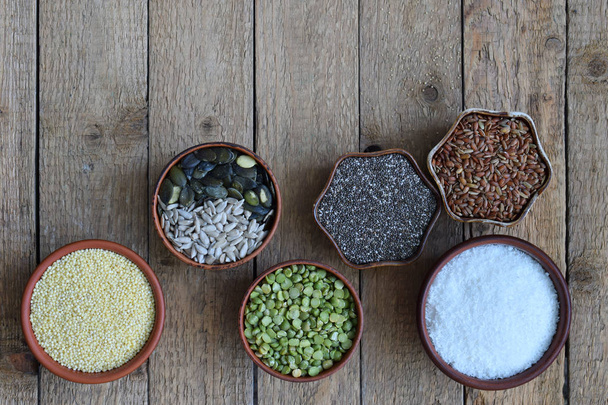 Cereals, grains, beans and seeds. Gluten-free concept. Healthy food. Top view Copy space - Fotoğraf, Görsel