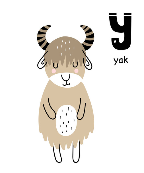 Vector poster with letter of the alphabet with cartoon yak for kids in scandinavian style. Hand drawn graphic zoo font. Perfect for  card, label, brochure, flyer, page, banner design. ABC. - Vektor, kép