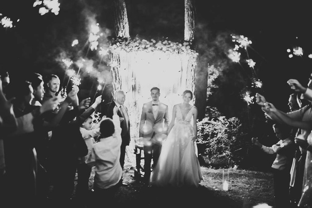 Απογευματινή τελετή γάμου. Η νύφη και ο γαμπρός κρατώντας τα χέρια σε ένα φόντο από φώτα και φανάρια. - Φωτογραφία, εικόνα