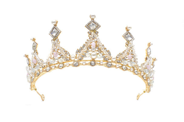 golden crown with pearls and beads isolated on white - Photo, Image