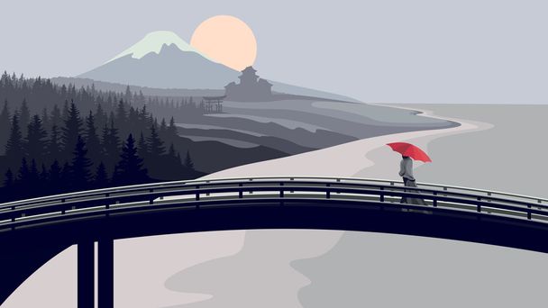 Puente, mujer con paraguas rojo, montañas y mar
. - Vector, imagen