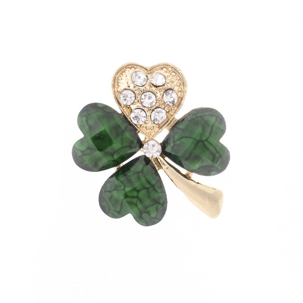 brooch clover with diamonds and isolated on white - Photo, Image