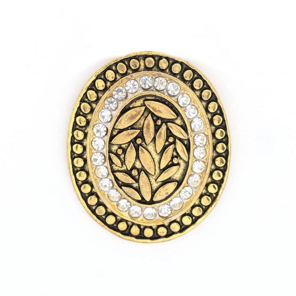 Gold oval brooch with gems isolated on white - Photo, Image